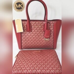 Michael Kors KALI  iPAD Case Tote Satchel Chili Red, Gold Adjustable Crossbody